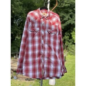 Larry Mahan Cowboy Collection Shirt Mens XL Plaid Western Pearl Snap Red & White